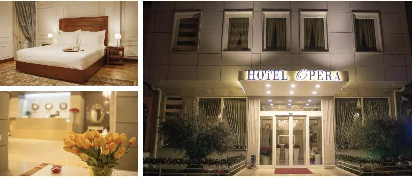 A collage of three hotel room images of Hotel Opera Tirana Albania, highlighting a bed, bedside table, and lamp from various perspectives.