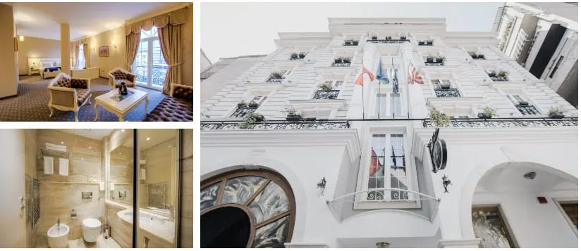 Four images showcasing a hotel room, including the bedroom and bathroom areas, highlighting decor and amenities.