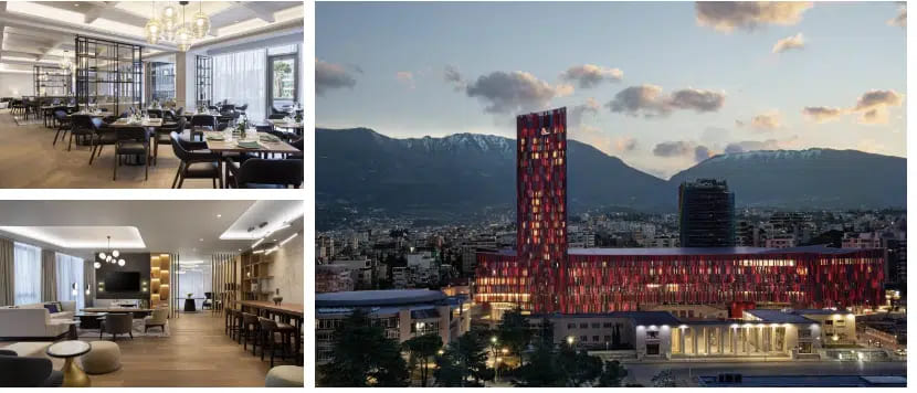 3 images Tirana-Marriott-Hotel from outside and restaurant